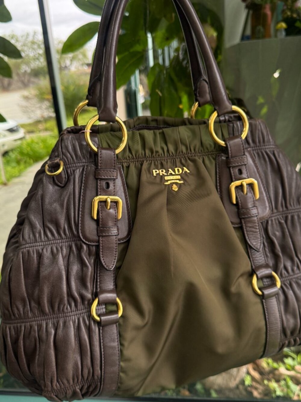 Prada Tessuto Nappa Gaufre Top Handle Bag Brown Green Nylon Leather Y2K